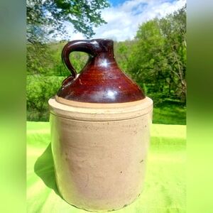 Large Antique Jug Tan and Brown Single Handled Stoneware Crock 12 lbs 13in tall